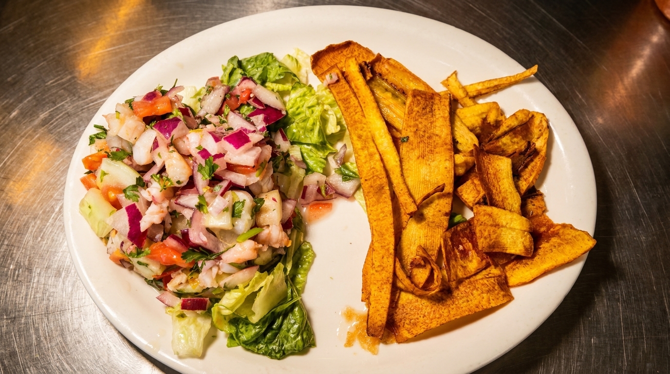Shrimp ceviche with red onions, tomatoes, and cilantro, served with fried plantain chips and lettuce.