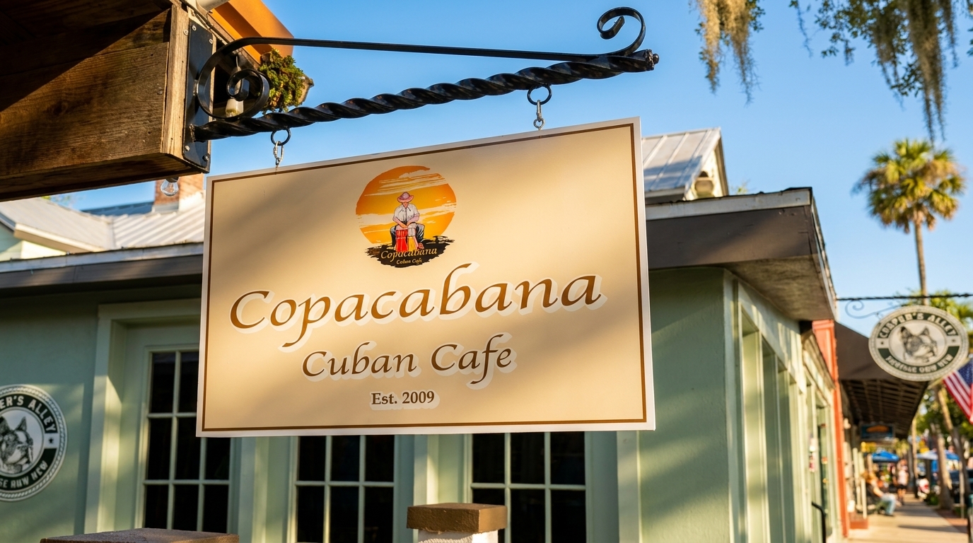 Copacabana Cuban Cafe sign hanging outside a building on a sunny day.