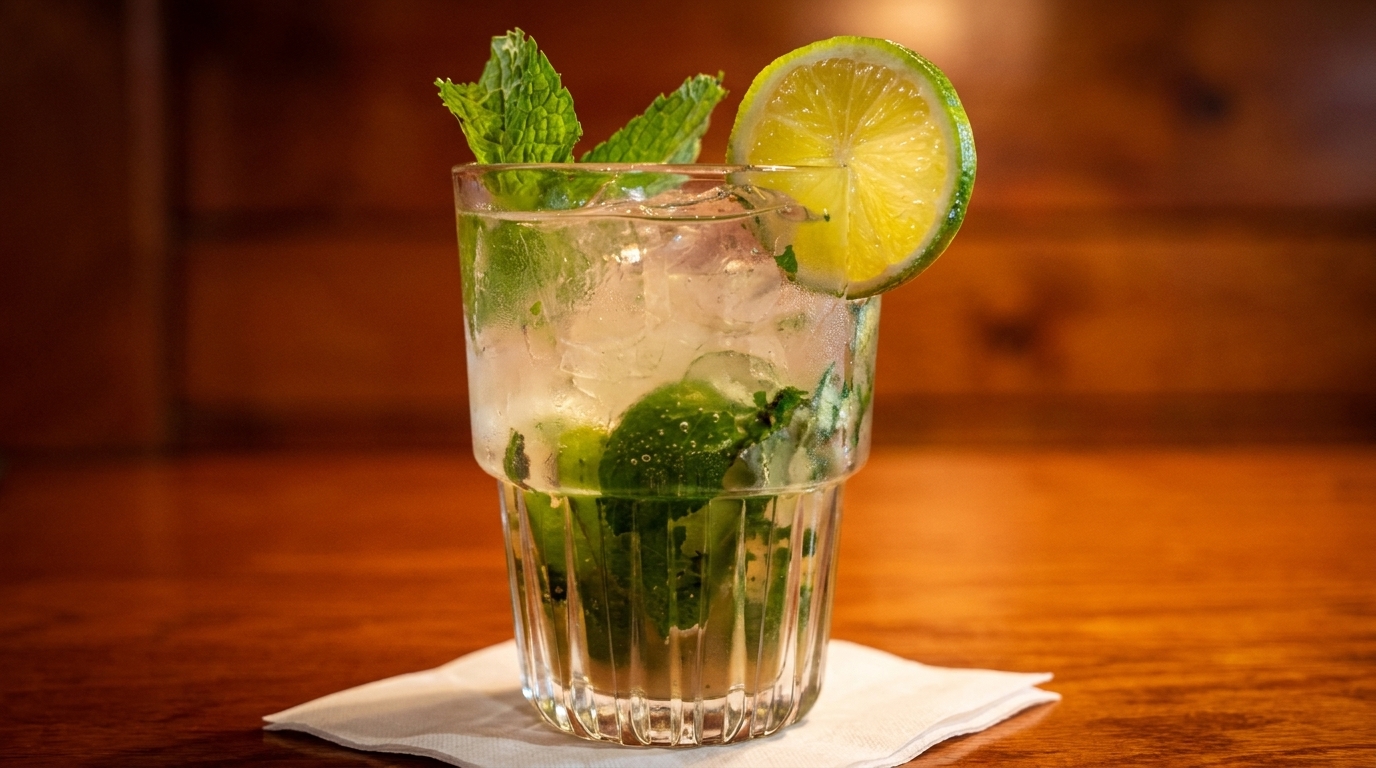 Refreshing mojito cocktail with lime, mint, and ice on a wooden table with a white napkin.