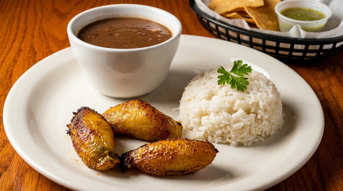 A white plate with a bowl of black beans, white rice, and three fried plantains.