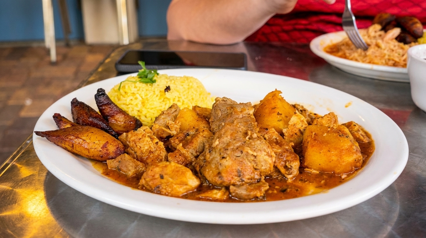A plate of stewed meat and potatoes with yellow rice and plantains on a metal table.