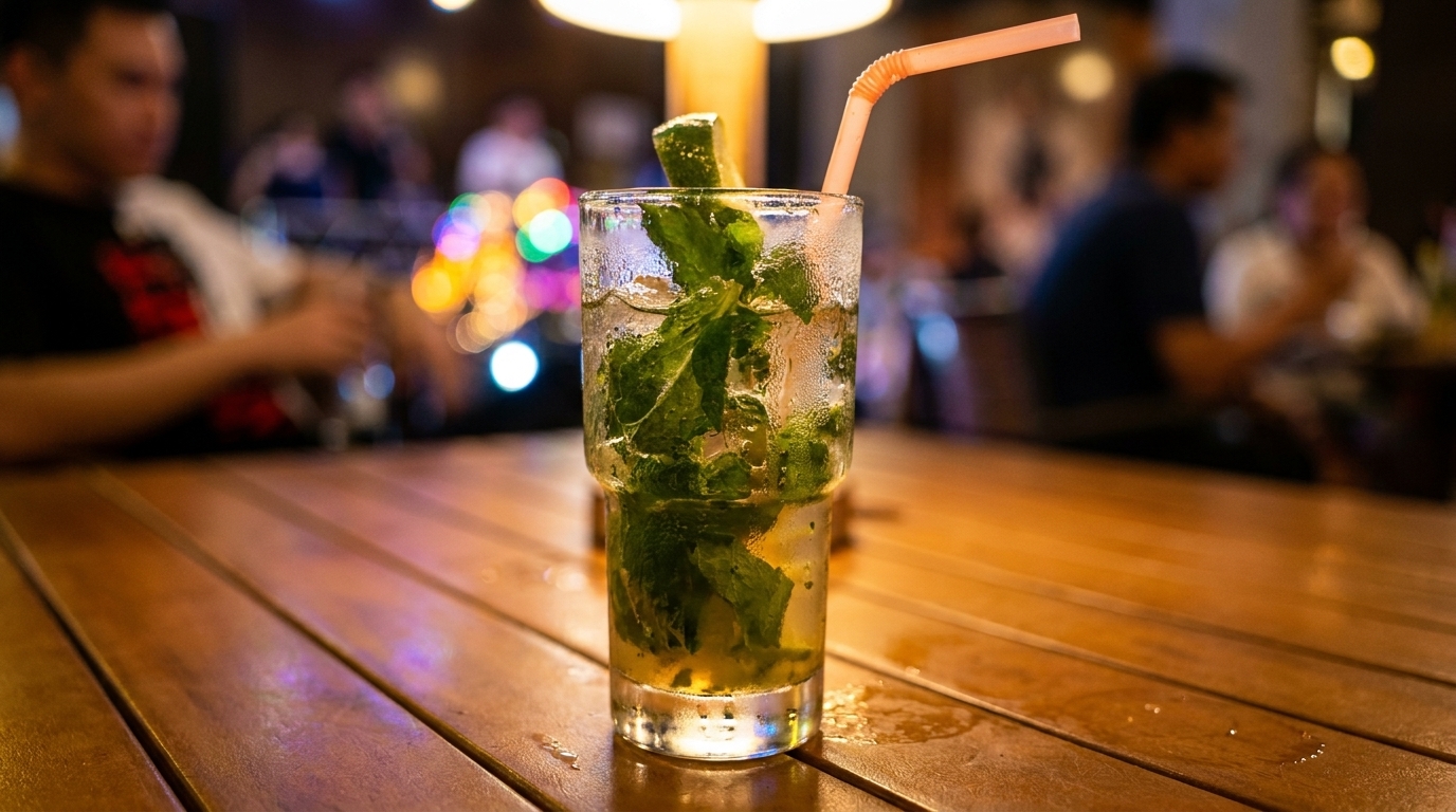 Mojito cocktail with mint and lime on a wooden table in a dimly lit restaurant.