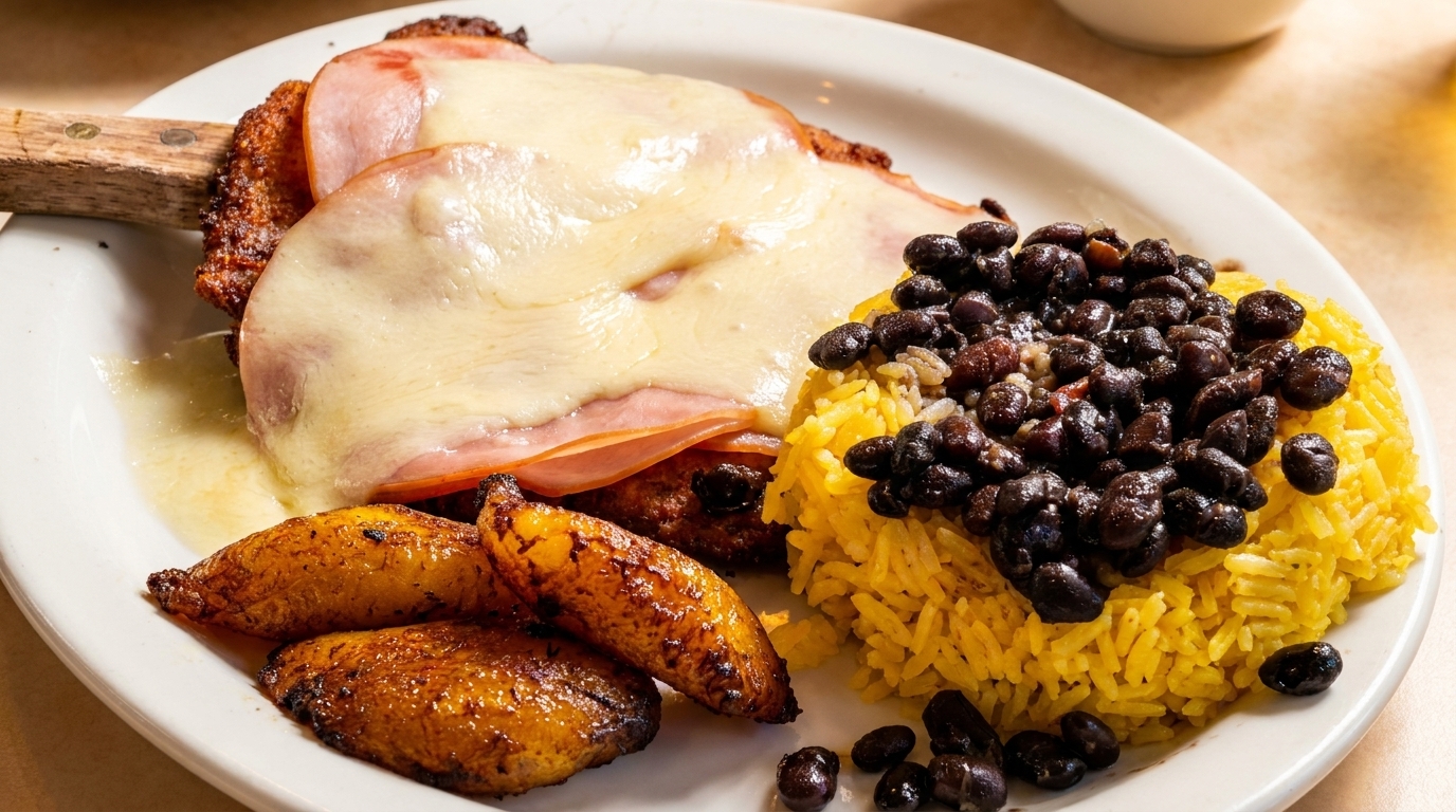 Chicken Milanese topped with ham and melted cheese, served with yellow rice, black beans, and plantains.