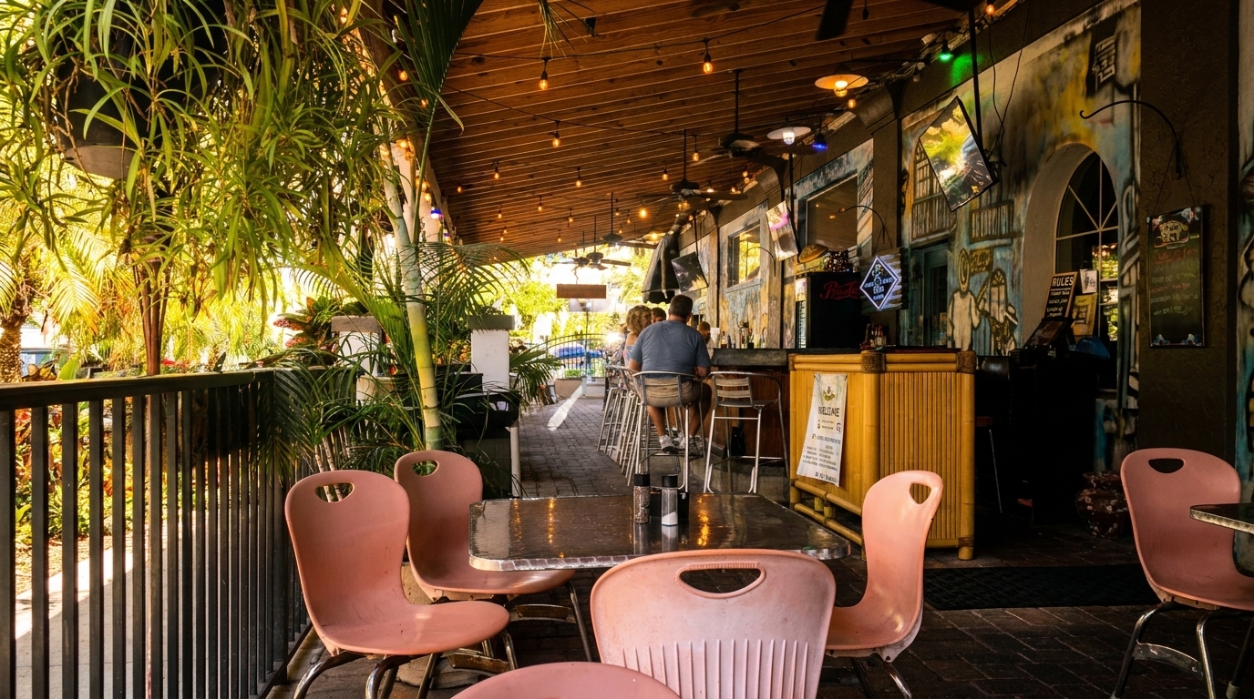 Outdoor patio dining area with pink chairs, tables, and a bar with patrons.