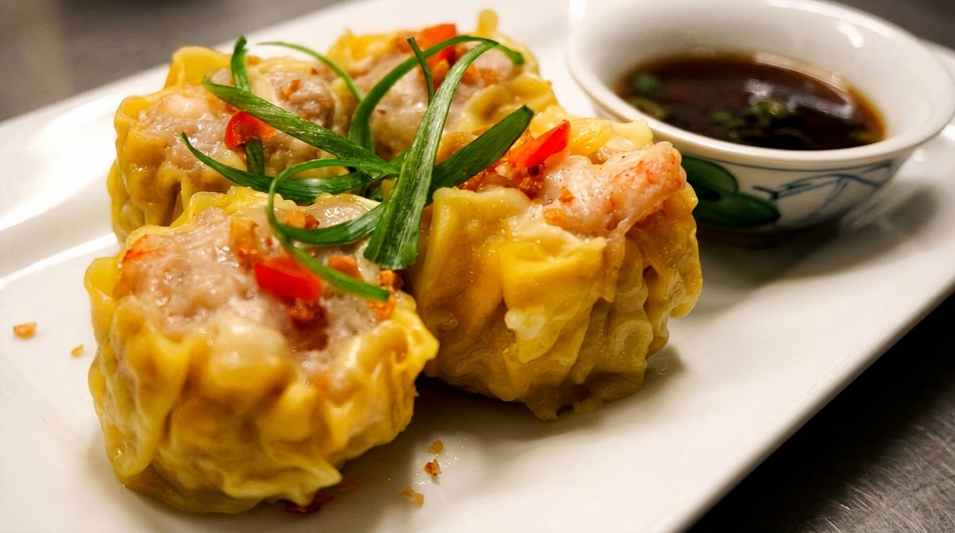 Three steamed dumplings with shrimp and pork, garnished with green onions and red chili, served with dipping sauce.