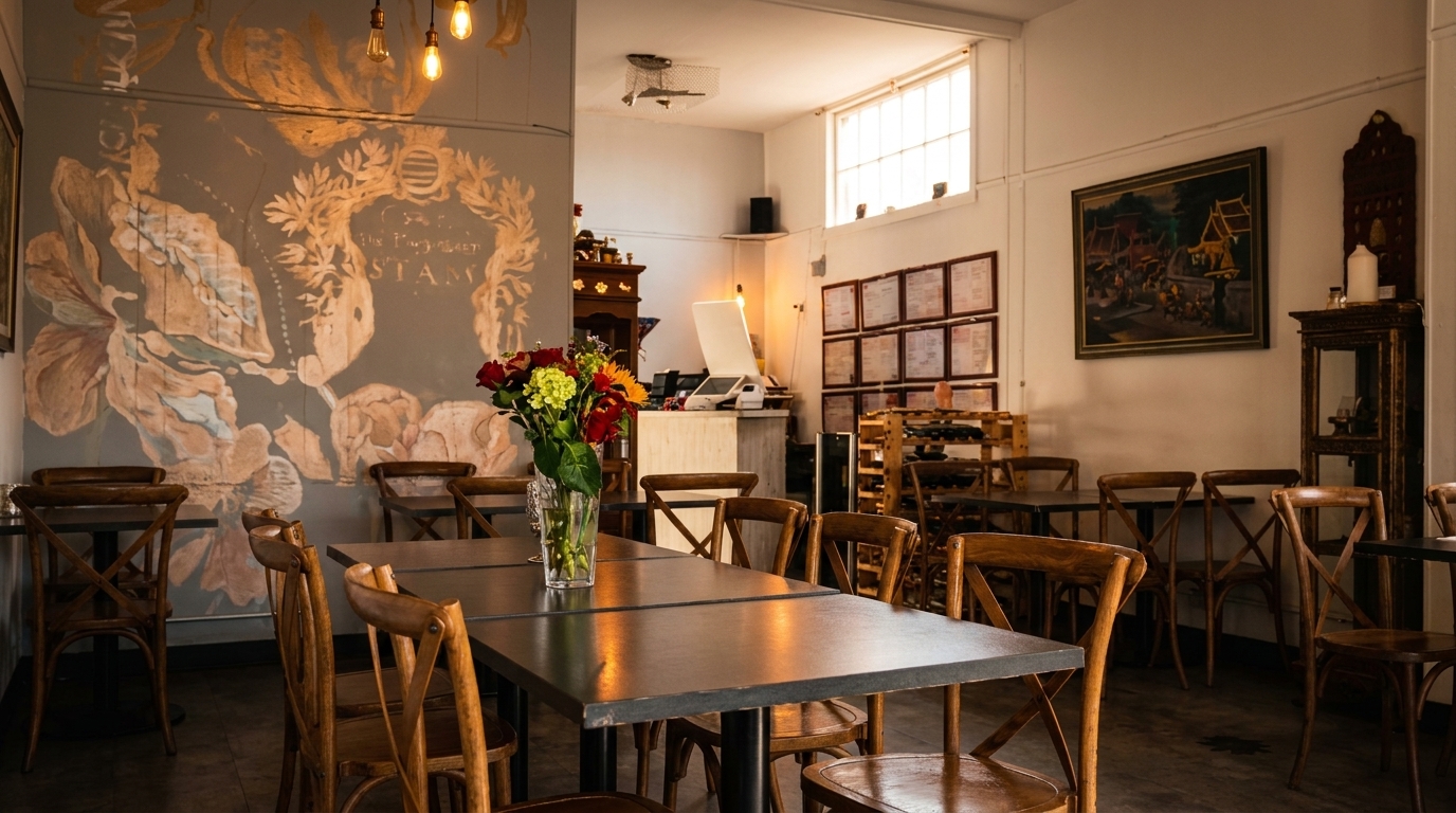 Cozy restaurant interior with wooden tables and chairs, floral wall art, and a bouquet of flowers.