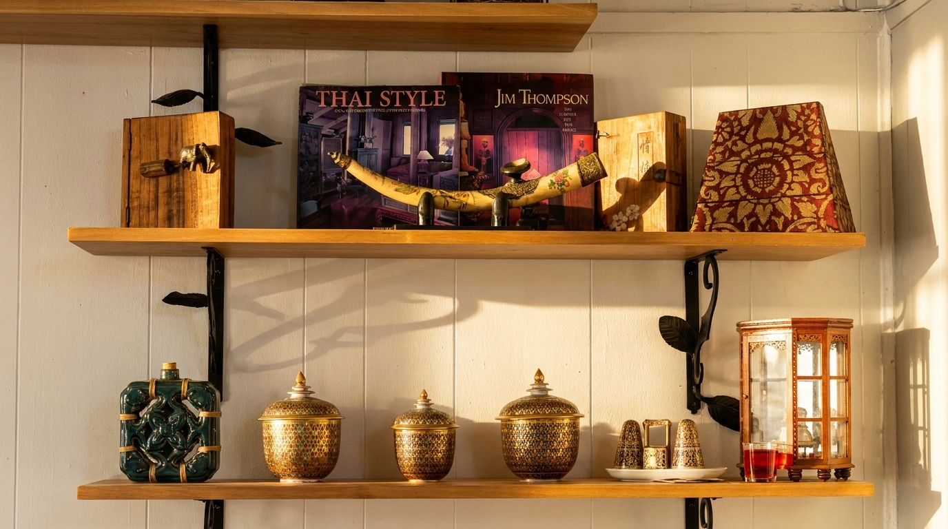 Wooden shelves display Thai decor, including books, ornate jars, and a decorative horn, bathed in warm sunlight.