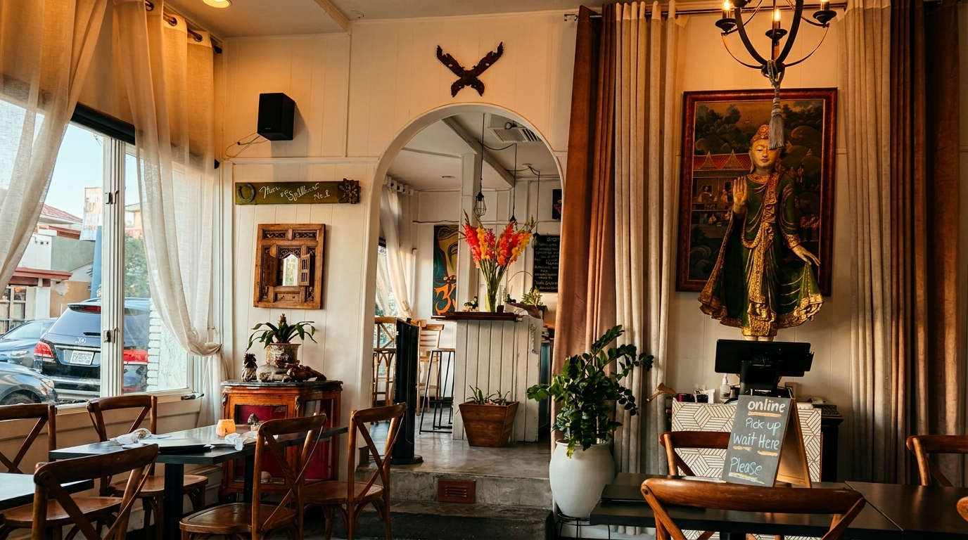 Cozy restaurant interior with wooden tables, chairs, decorative Buddha statue, and large windows.