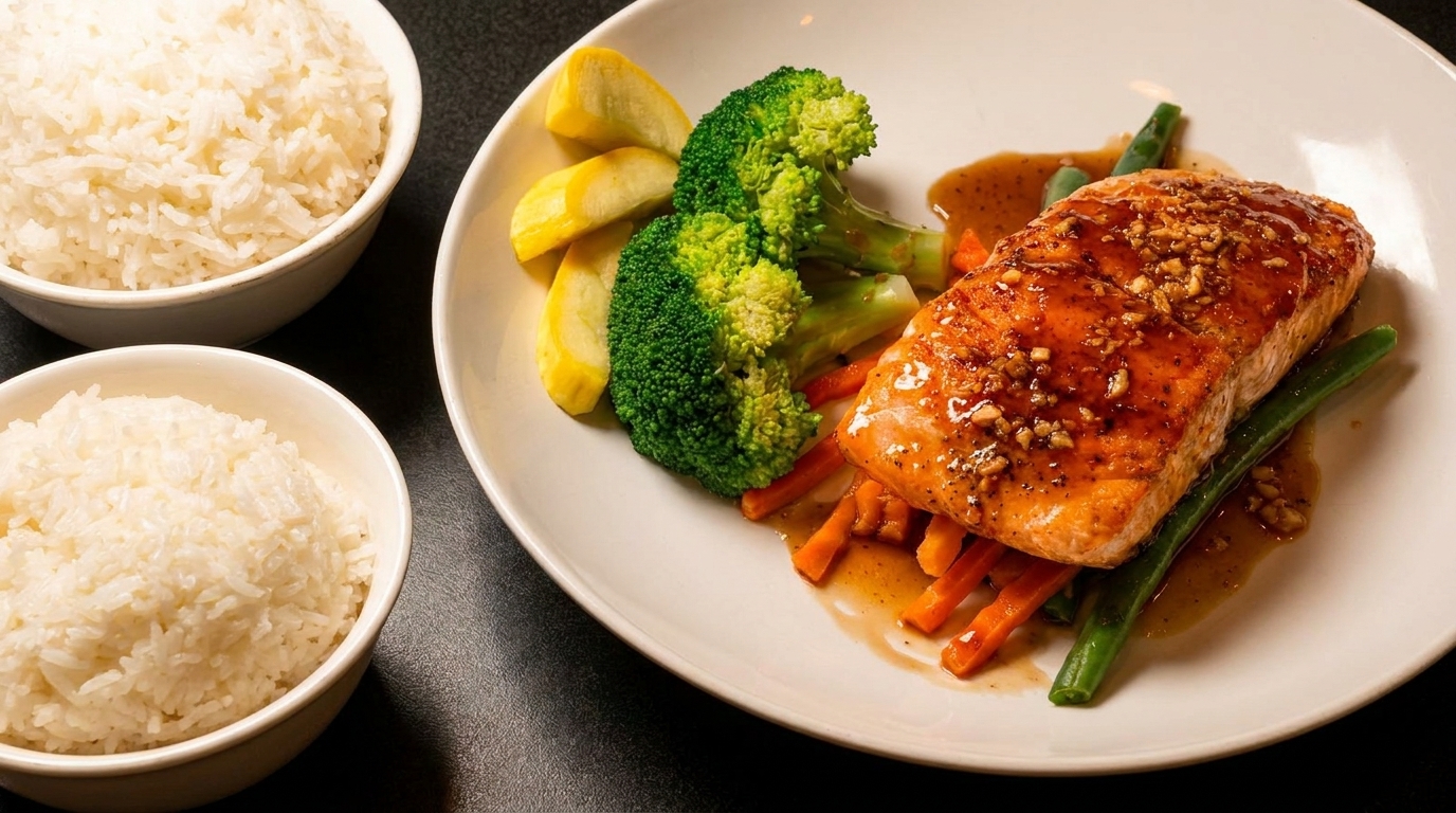 Glazed salmon with broccoli, squash, carrots, and green beans, served with two bowls of white rice.