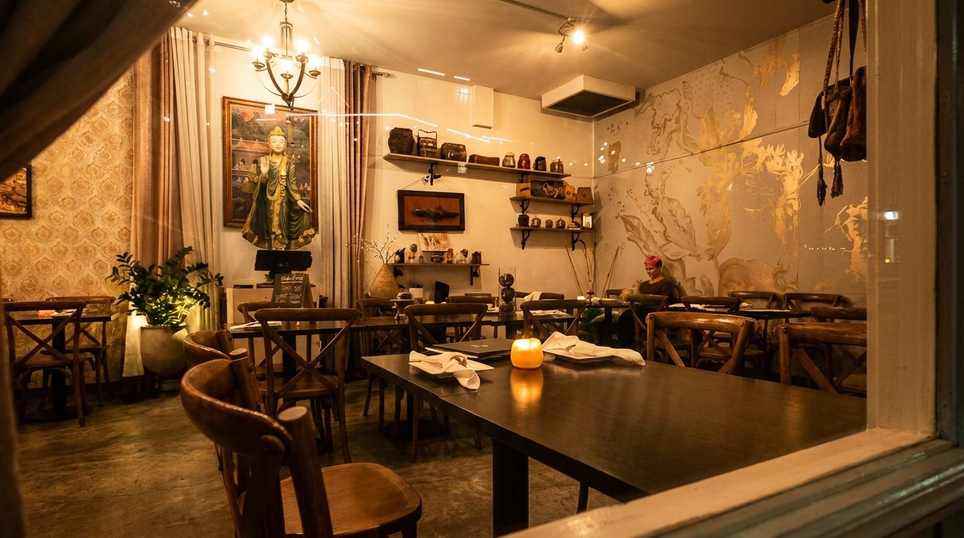 Cozy restaurant interior with warm lighting, wooden tables, decorative walls, and a Buddha statue.