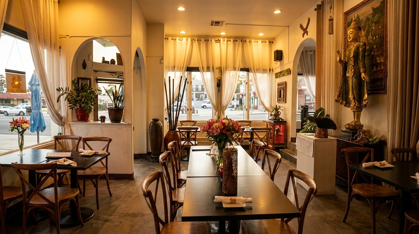 Warmly lit Thai restaurant interior with wooden tables, chairs, and traditional decor.