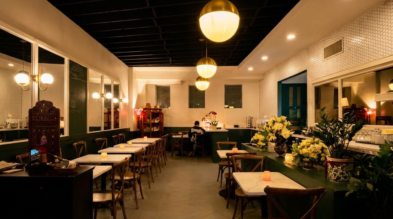 A dimly lit restaurant interior with empty tables, a person at a counter, and floral decorations.