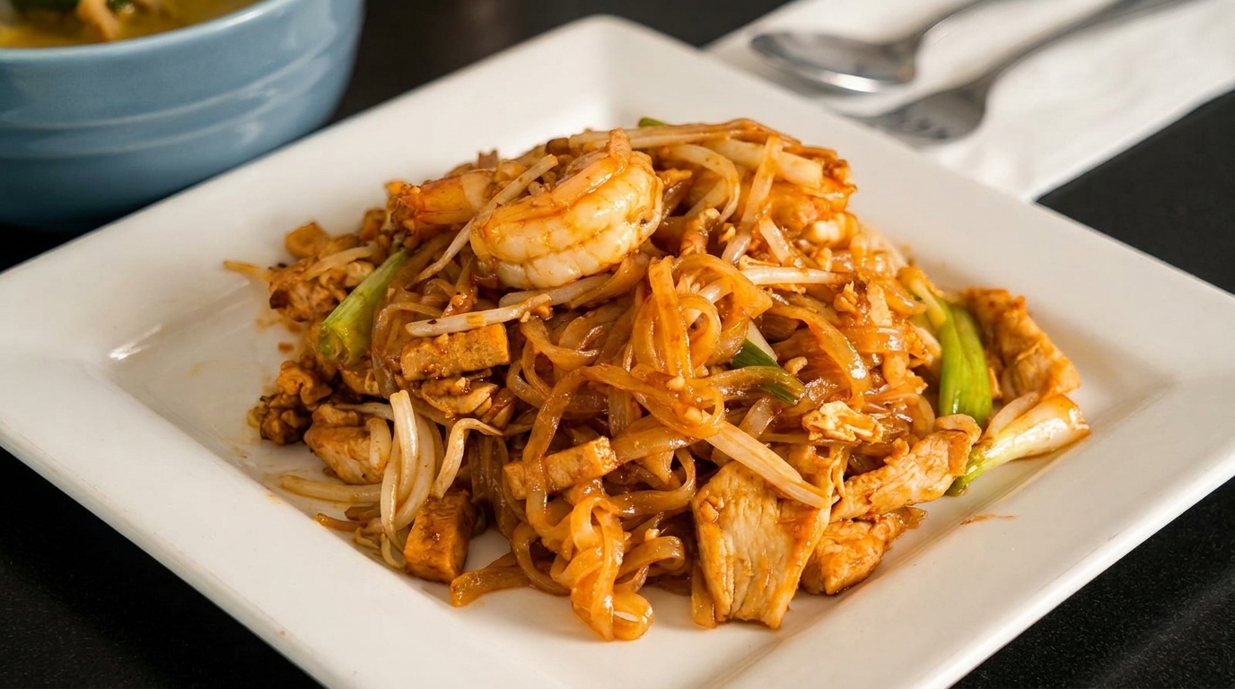 A white plate of Pad Thai noodles with shrimp, chicken, tofu, and green onions.