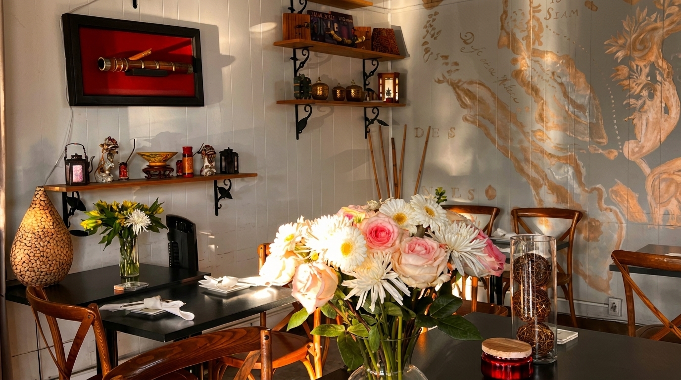 Restaurant interior with a large floral centerpiece, wooden chairs, and decorative wall art.