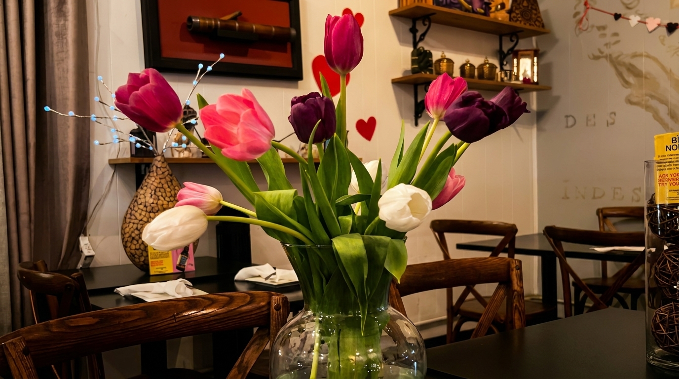 Vase of pink, purple, and white tulips on a dark table in a restaurant dining room.