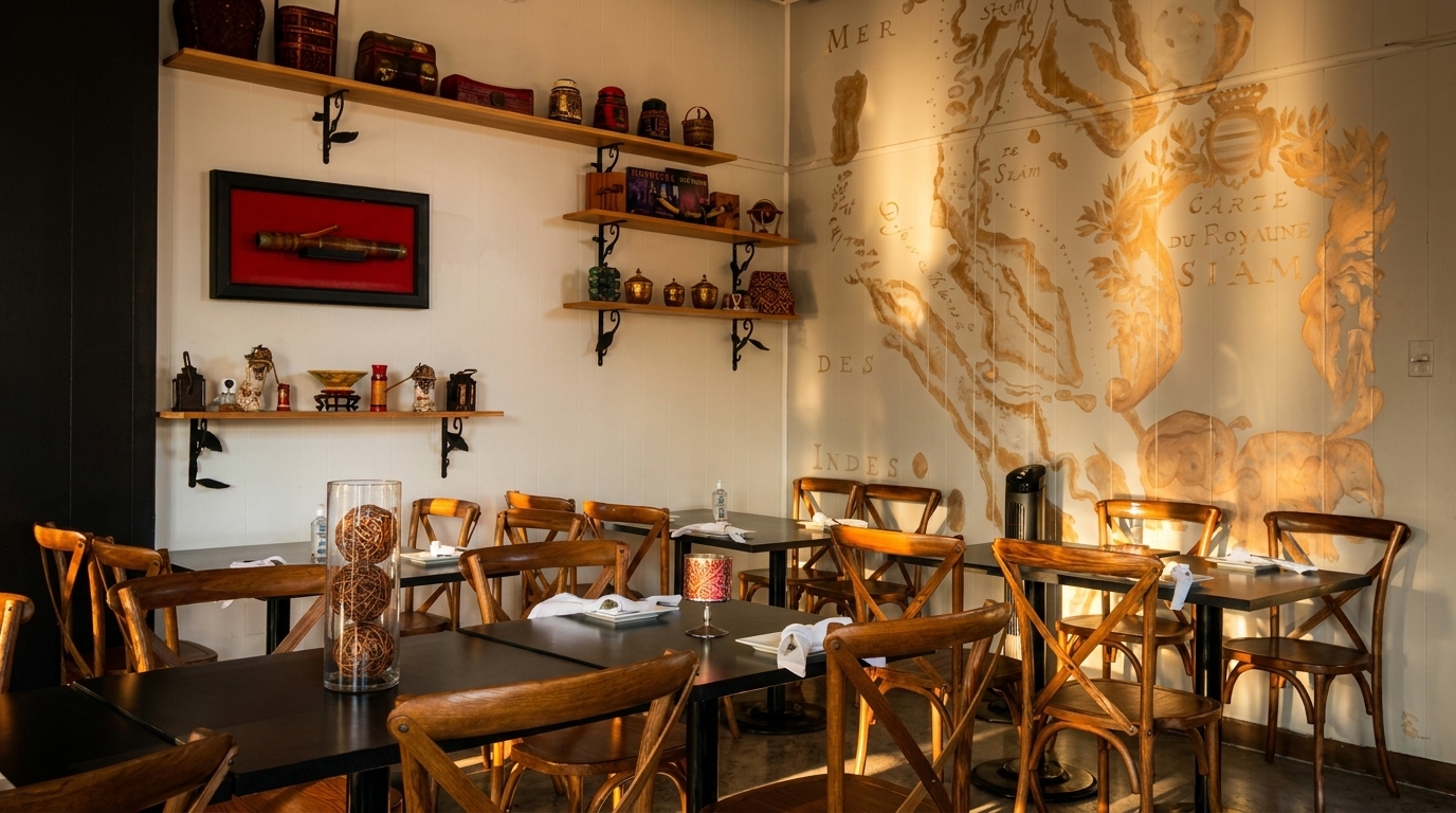 Restaurant dining room with wooden chairs, black tables, decorative shelves, and a map mural on the wall.