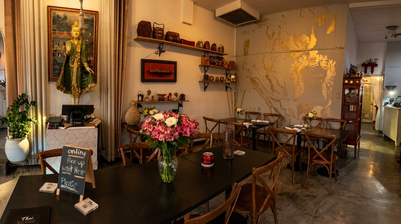 Cozy restaurant interior with dark tables, wooden chairs, a Buddha statue, and a gold-painted accent wall.