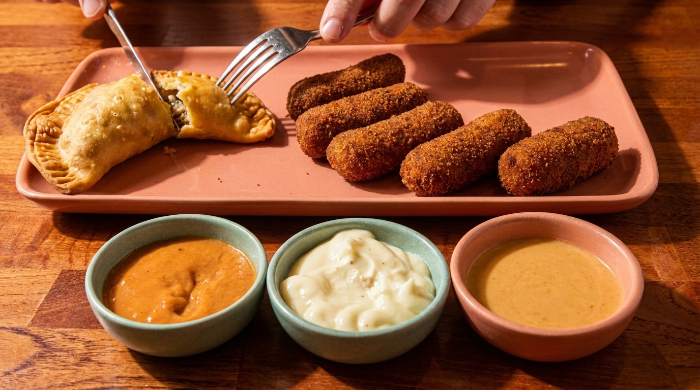 Empanada being cut, croquettes, and three dipping sauces on a wooden table.