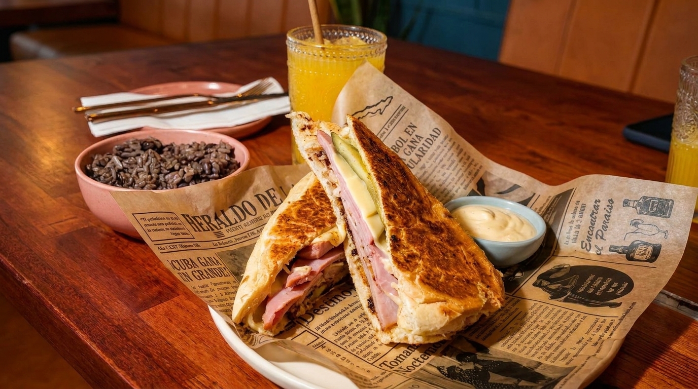 Cuban sandwich with ham, cheese, and pickles, served with black beans and orange juice.