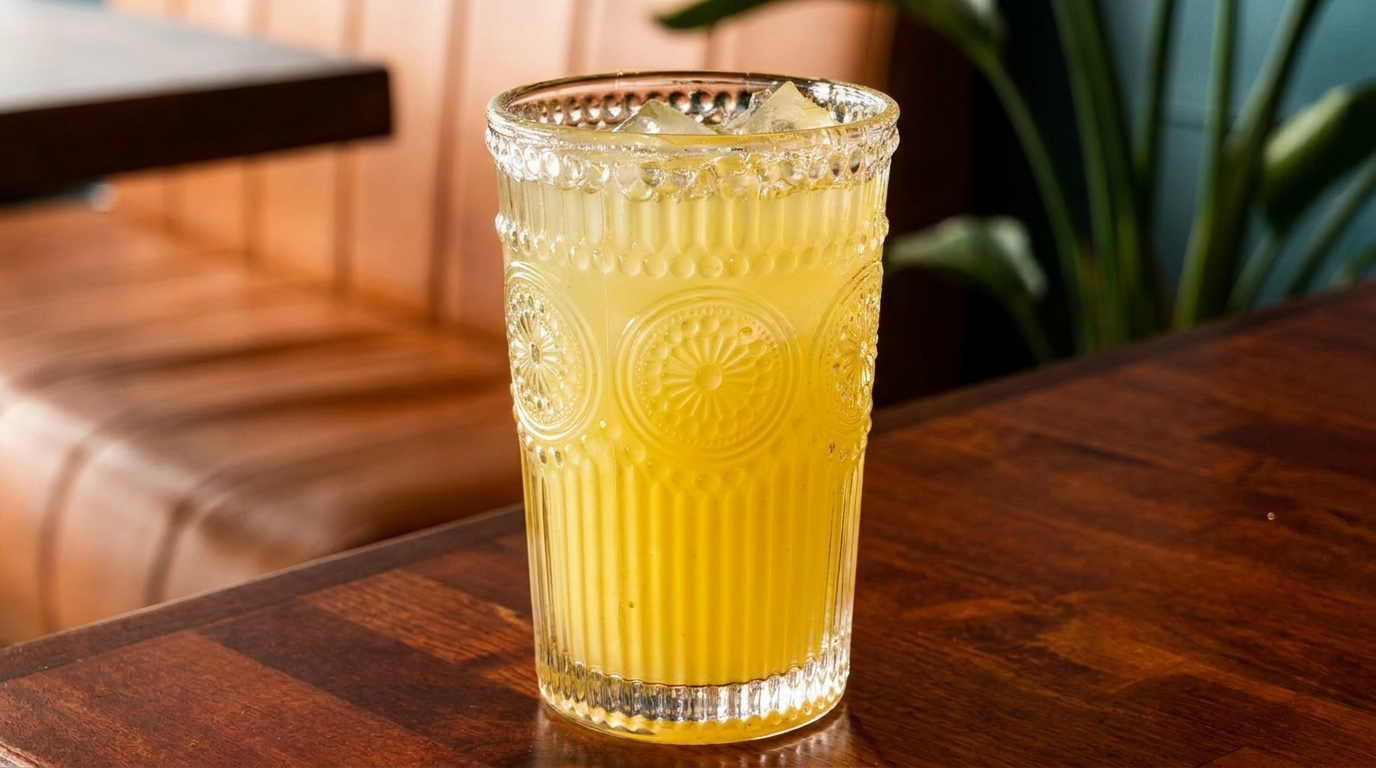 A tall, textured glass filled with a yellow drink and ice sits on a dark wooden table.