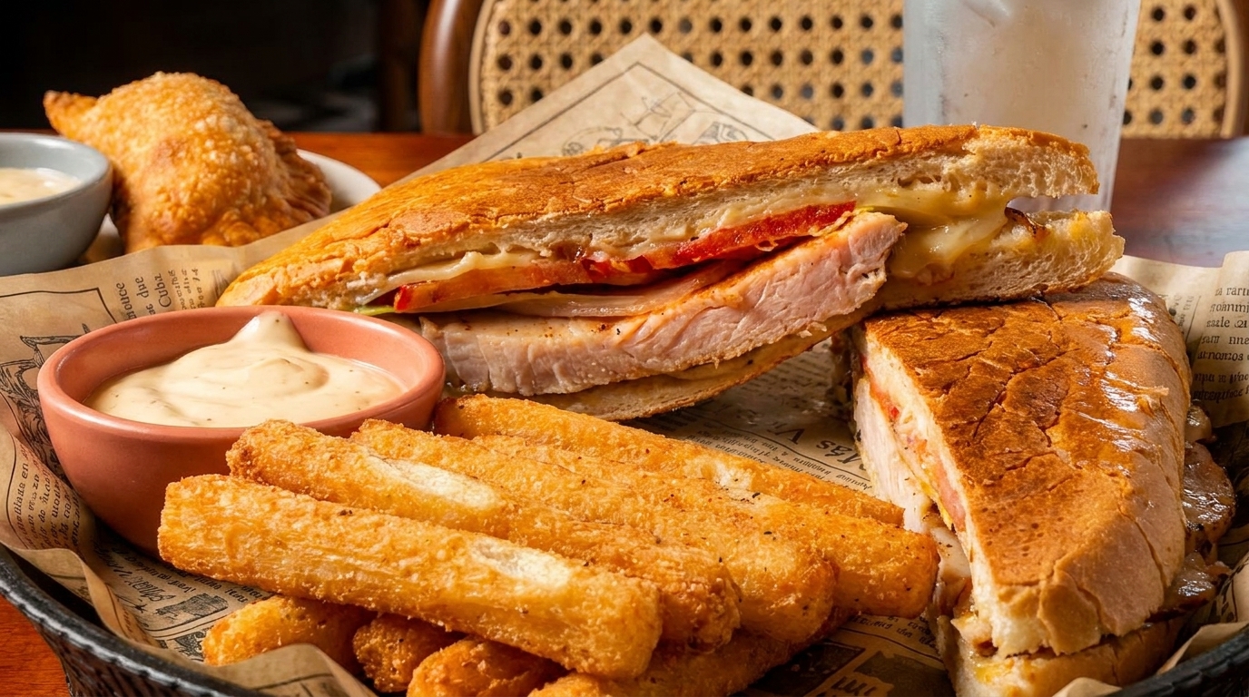 A Cuban sandwich with fries, dipping sauce, and an empanada on a newspaper-lined basket.