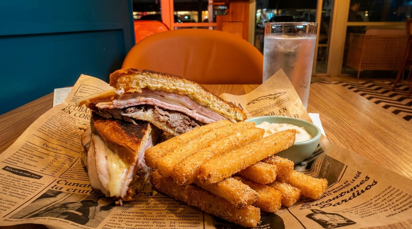 Cuban sandwich with ham, cheese, and pork, served with yuca fries and dipping sauce.
