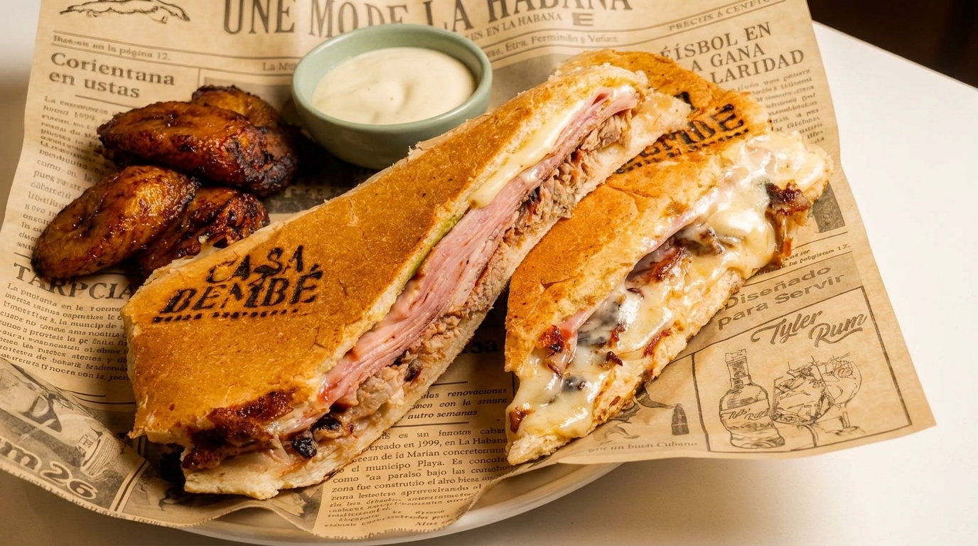 A Casa Dembe Cuban sandwich with plantains and dipping sauce, served on newspaper-print paper.