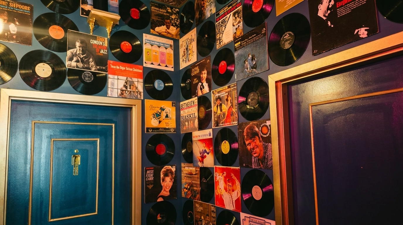 A wall covered in vintage vinyl records and album covers, with two blue doors featuring gold trim.