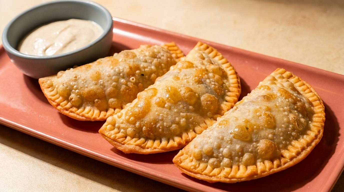 Three golden-brown empanadas with crimped edges on a pink plate, with a small bowl of dipping sauce.