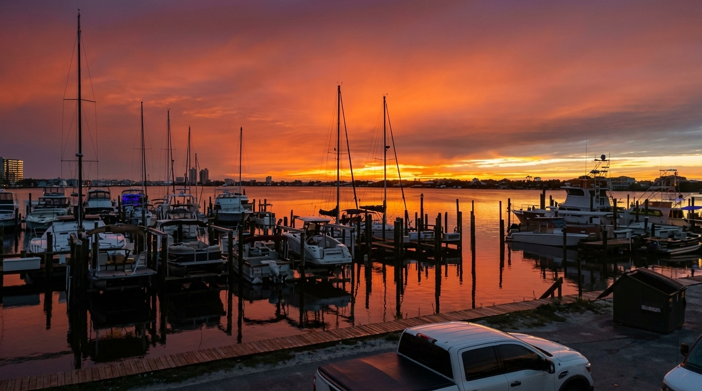 Boats docked in a marina at sunset, with a vibrant orange and purple sky reflecting on the water.