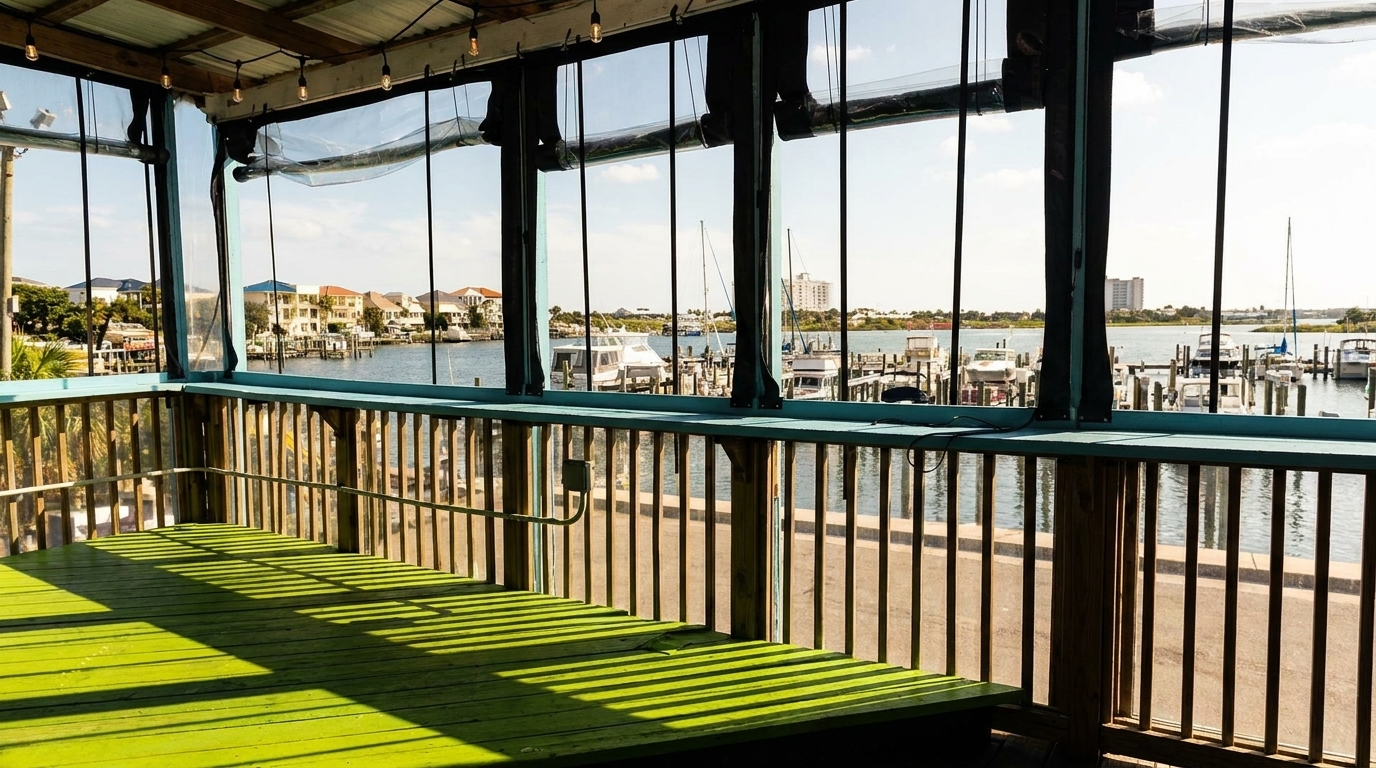 Outdoor dining area with a bright green floor, overlooking a marina with boats and coastal homes.