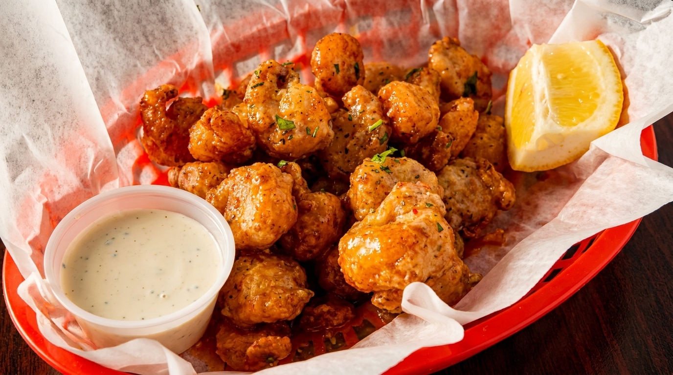 Crispy fried chicken bites in a red basket with a side of ranch dressing and a lemon wedge.