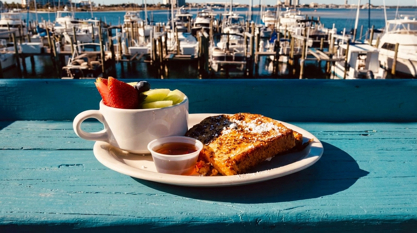 French toast, fruit cup, and syrup on a blue table overlooking a marina with boats.