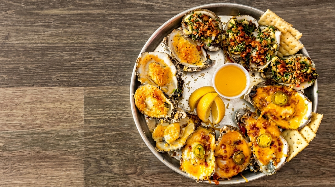 A platter of baked oysters with various toppings, lemon wedges, and crackers on a wooden table.