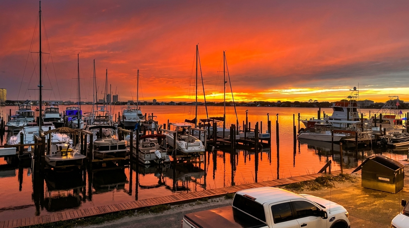 Boats docked in a marina at sunset, with a vibrant orange and red sky reflecting on the water.