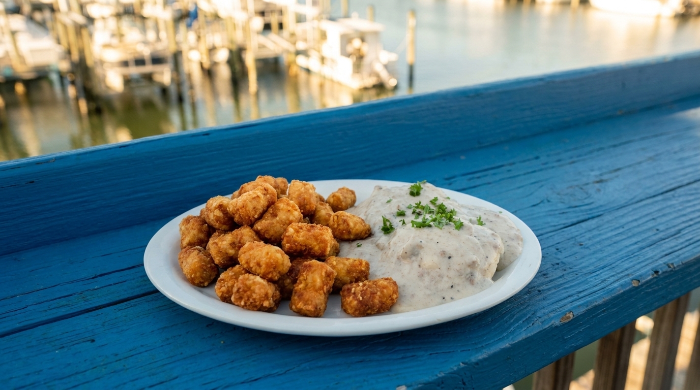 Crispy tater tots and creamy gravy on a white plate, on a blue table overlooking a marina.