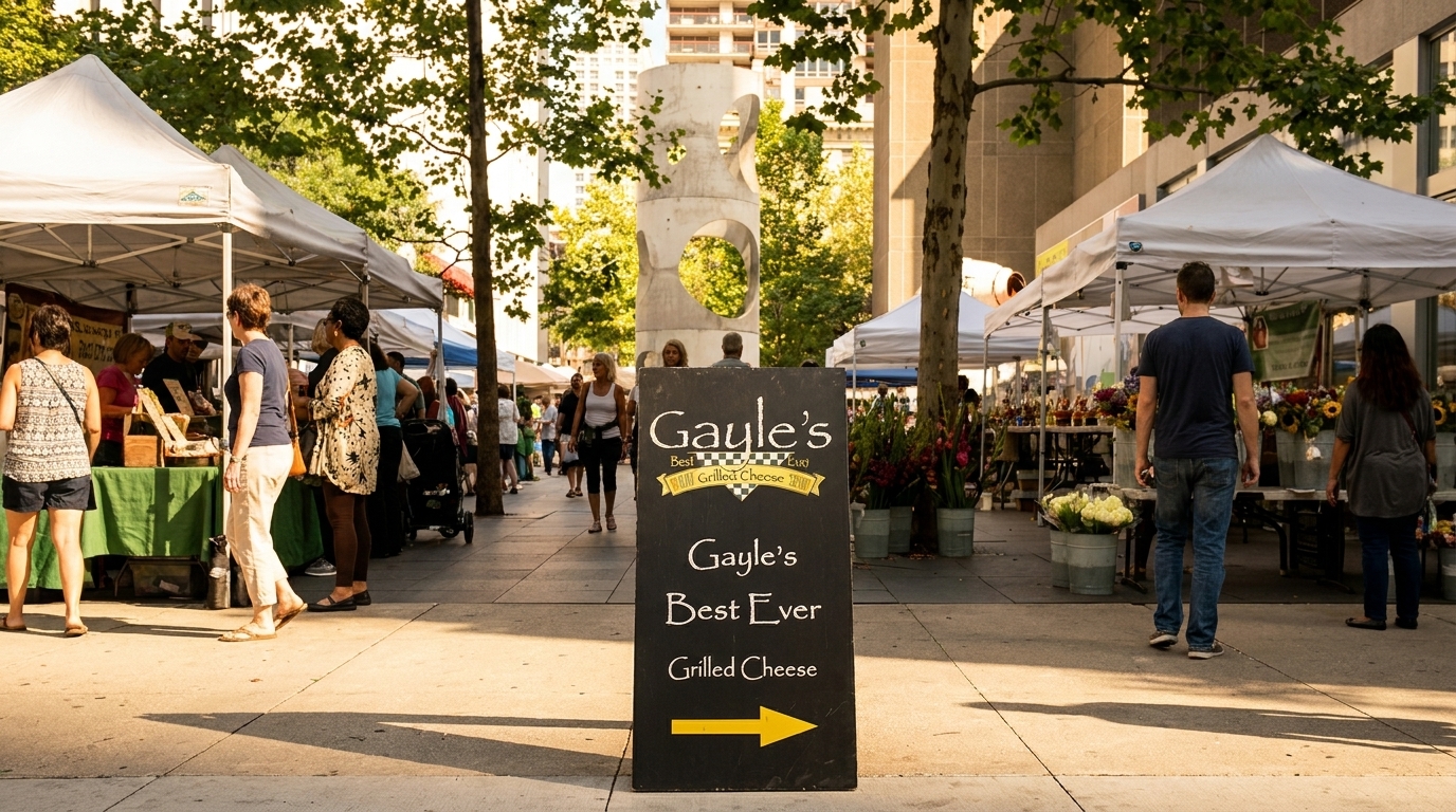 A bustling outdoor market with white tents, people browsing, and a sign for Gayle's Grilled Cheese.