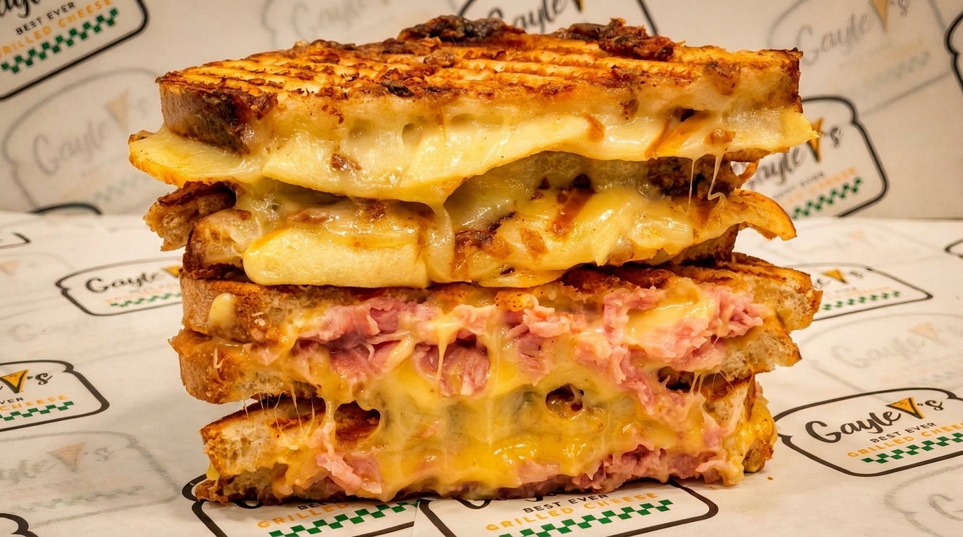 Two stacked grilled cheese sandwiches, one with caramelized onions, the other with ham and melted cheese.