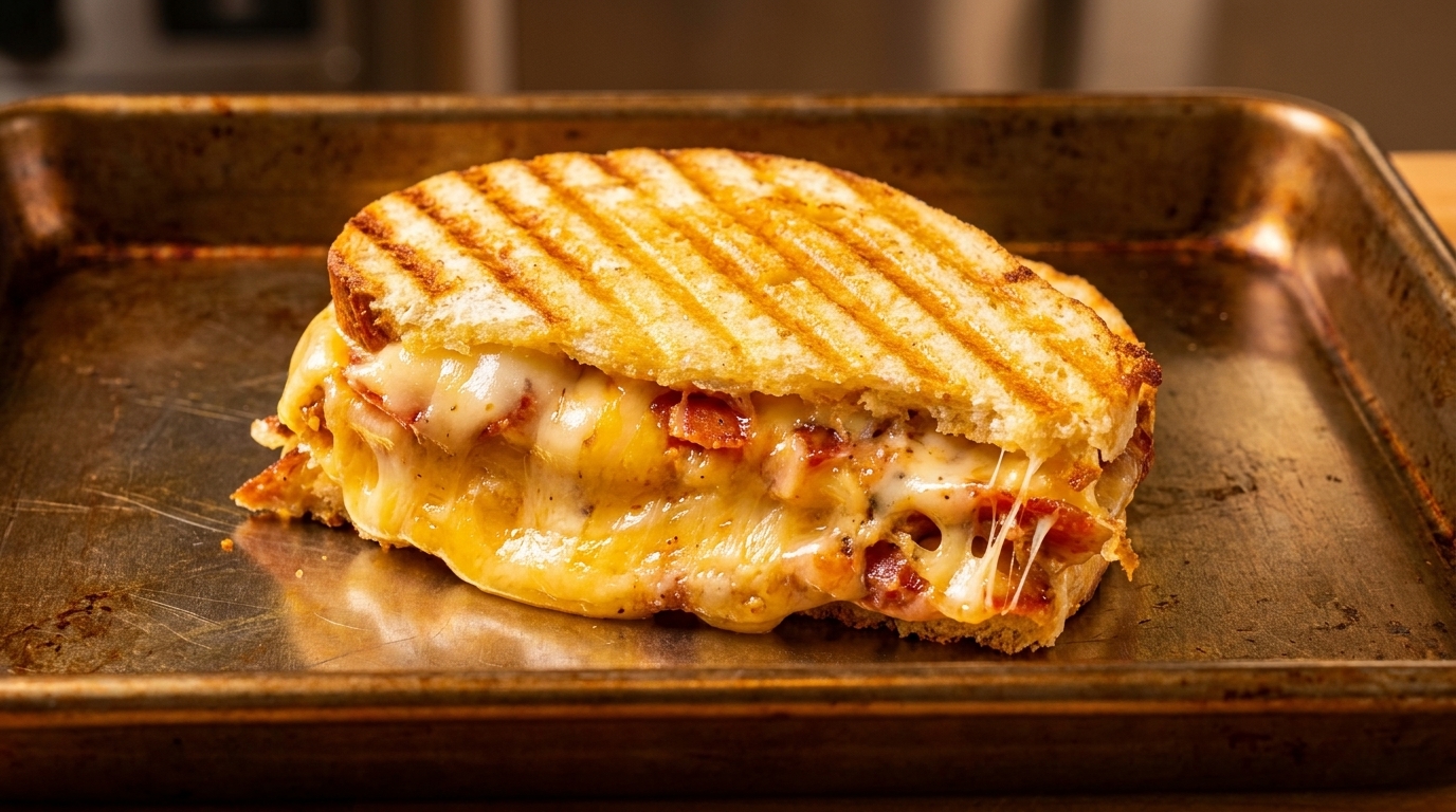 A grilled cheese sandwich with melted cheese and bacon on a metal baking sheet.