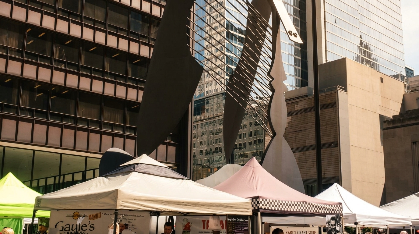 Outdoor market stalls with white and green tents against a backdrop of modern city buildings.