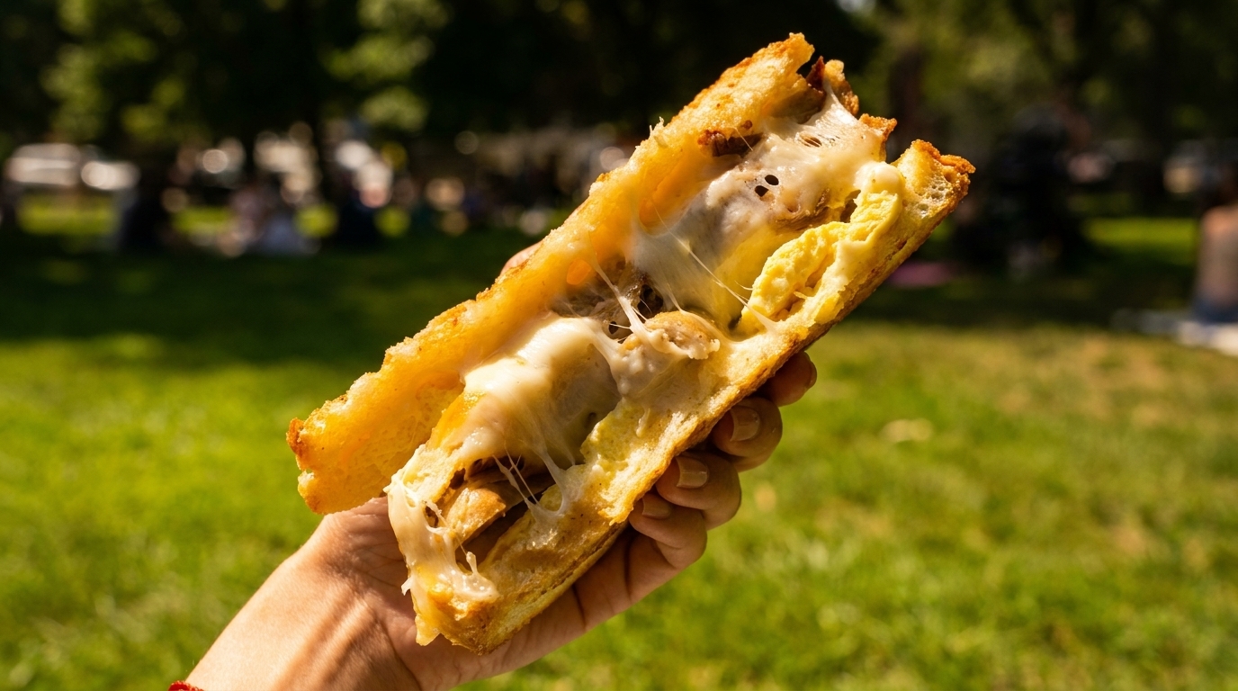 A hand holds a grilled sandwich with melted cheese and filling, outdoors in a park.