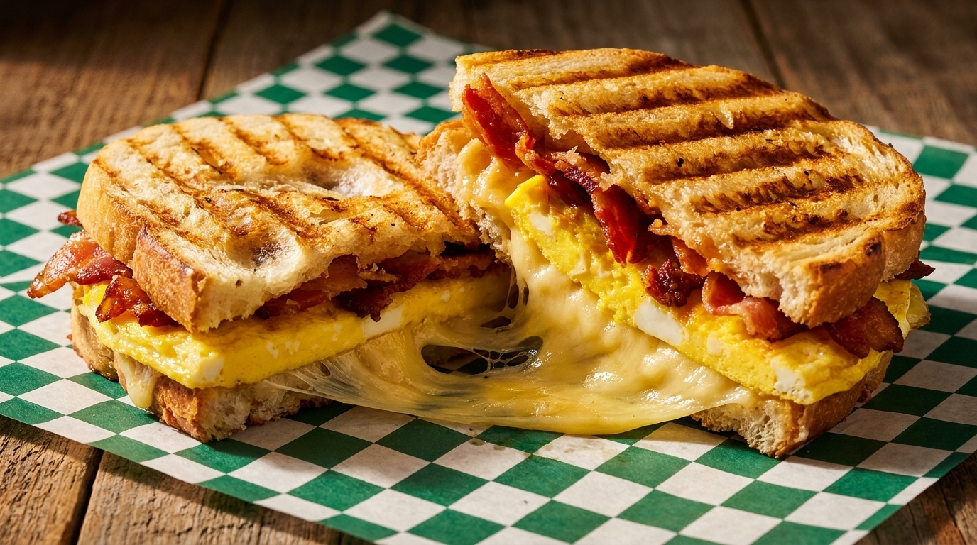 Grilled breakfast sandwich with bacon, egg, and melted cheese on green checkered paper.