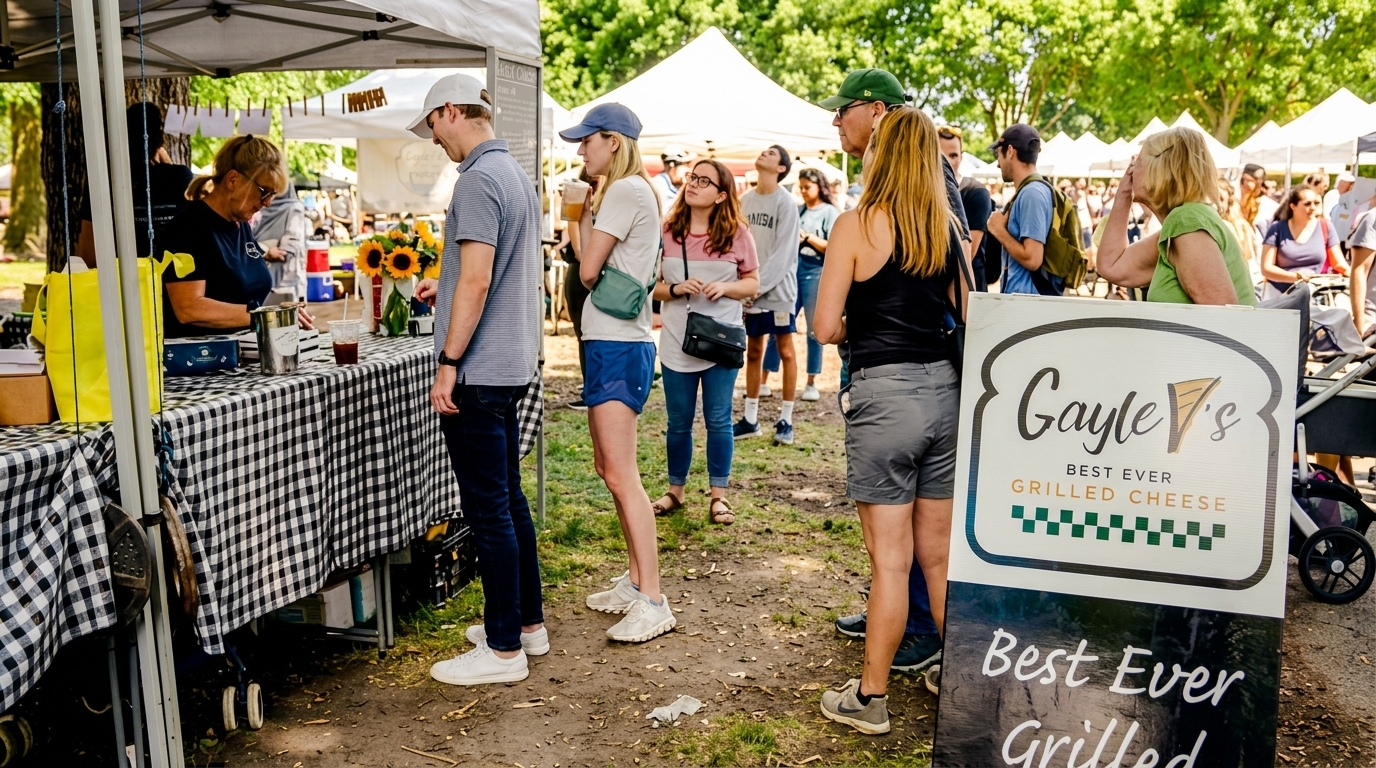 People lining up at an outdoor food stall with a "Gayle V's Best Ever Grilled Cheese" sign.