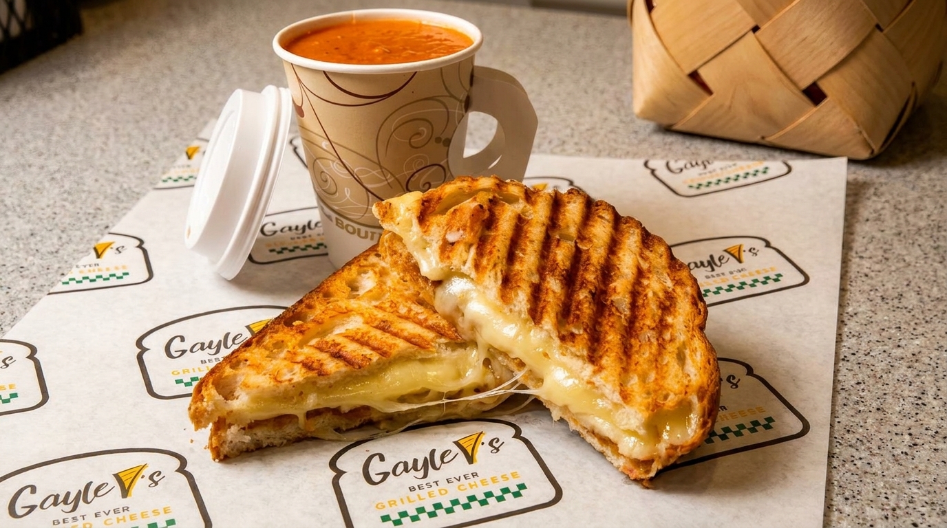 Grilled cheese sandwich with melted cheese and a cup of tomato soup on Gayle's branded paper.