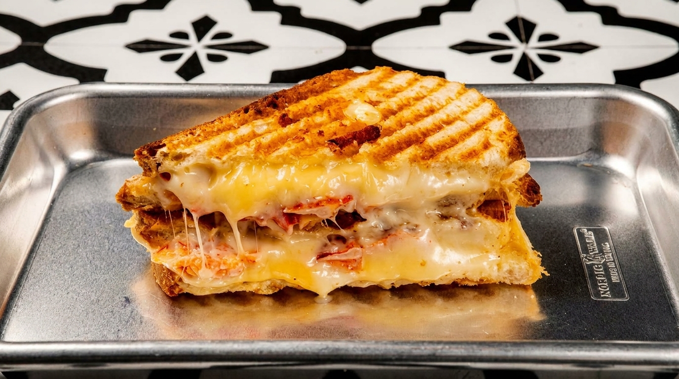 Grilled cheese sandwich with melted cheese and lobster filling, served on a metal tray.