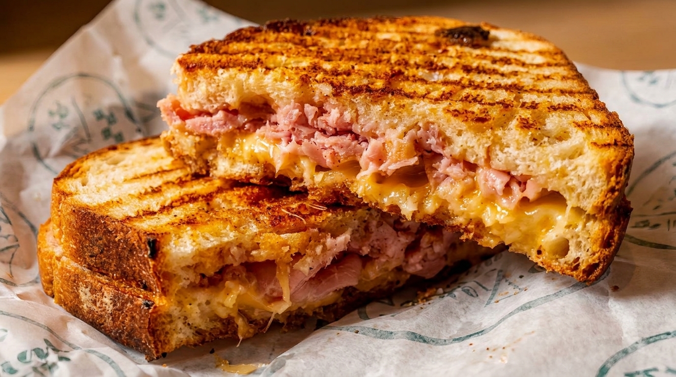 Close-up of a grilled ham and cheese sandwich, cut in half, revealing melted cheese and ham.