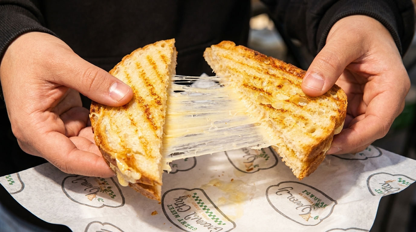 Hands pulling apart a grilled cheese sandwich, showing melted, stringy cheese inside.