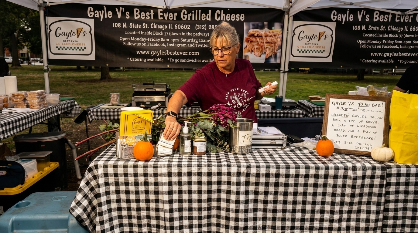 A woman in a red shirt arranges items on a black and white checkered table under a "Gayle V's Best Ever Grilled Cheese" tent.