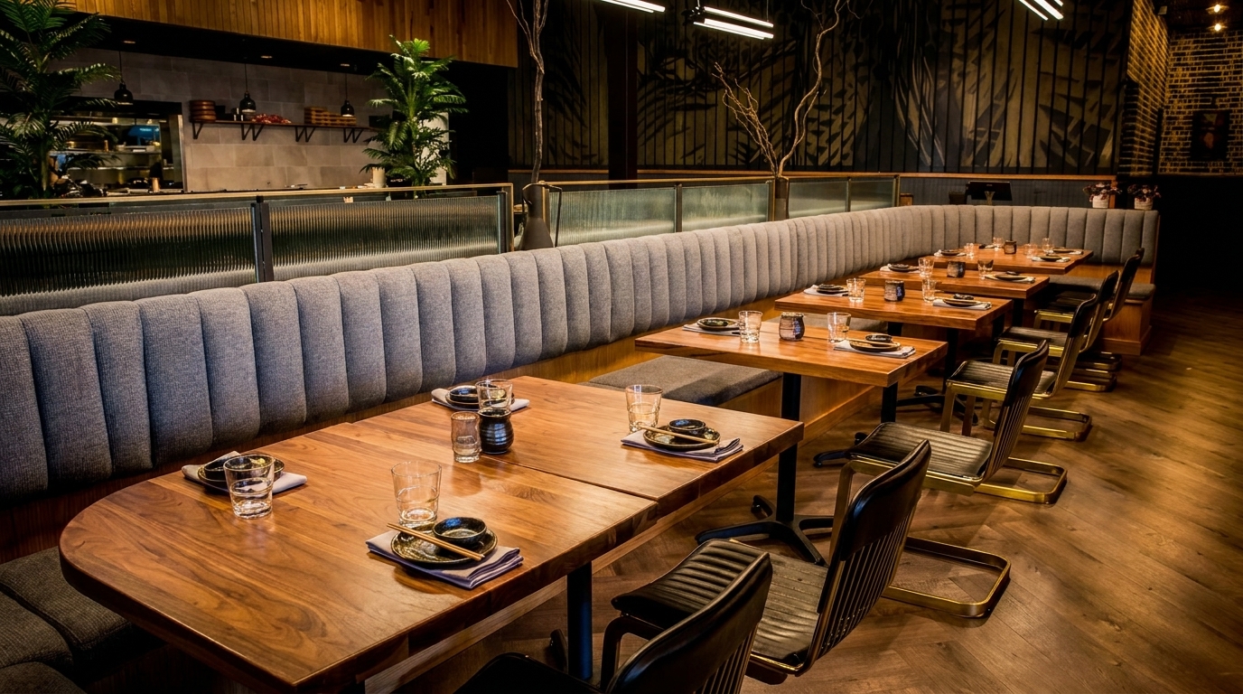 Modern restaurant interior with long gray booth seating, wooden tables set with dishes, and a dark, stylish ambiance.