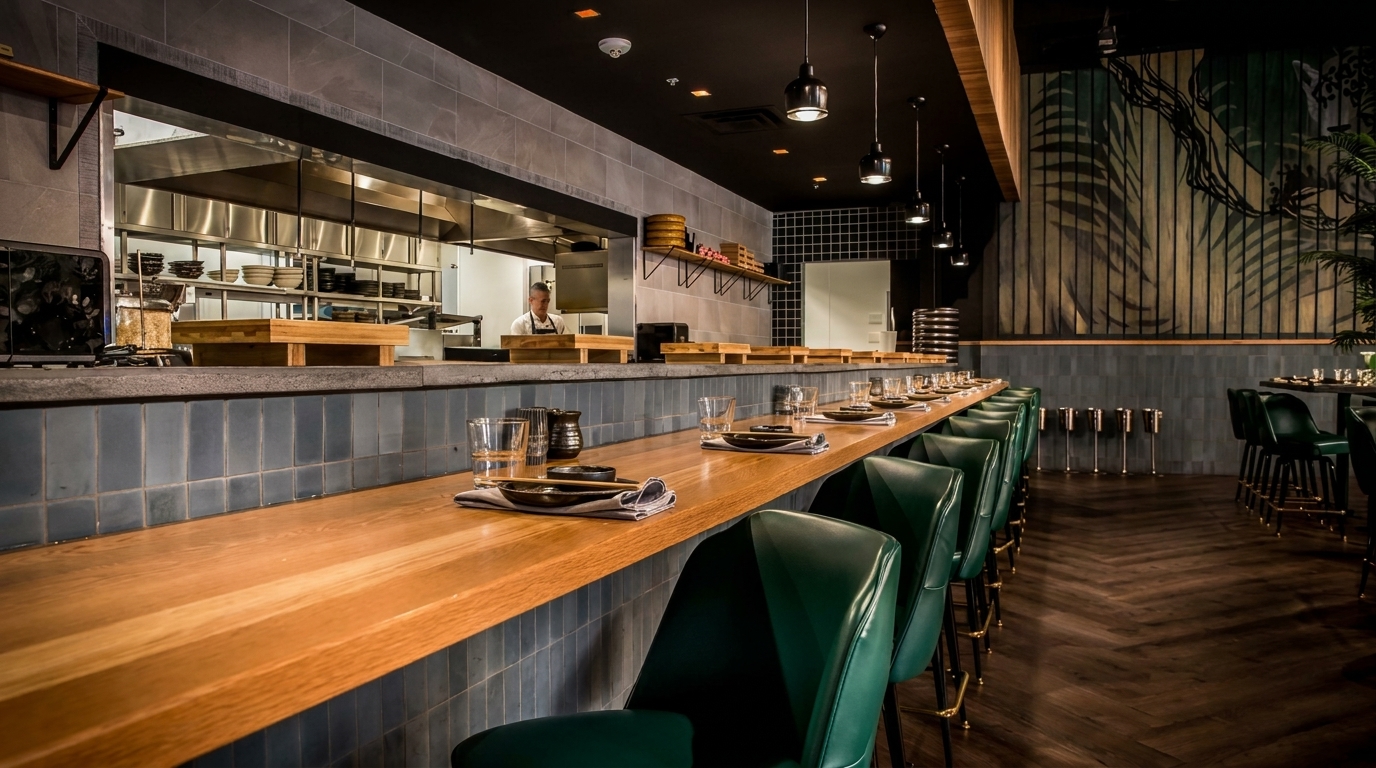 A chef works in a modern open kitchen behind a long wooden bar with green stools.
